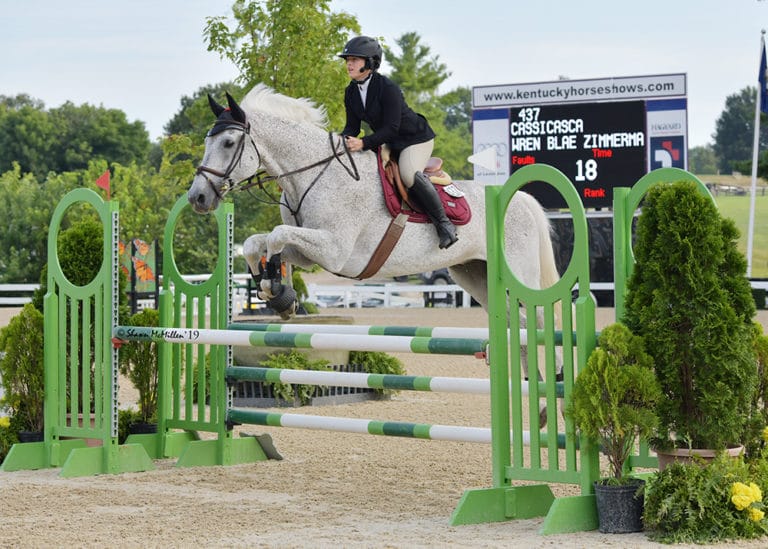 photo of wren on a horse caught in mid air jumping bar obstacles