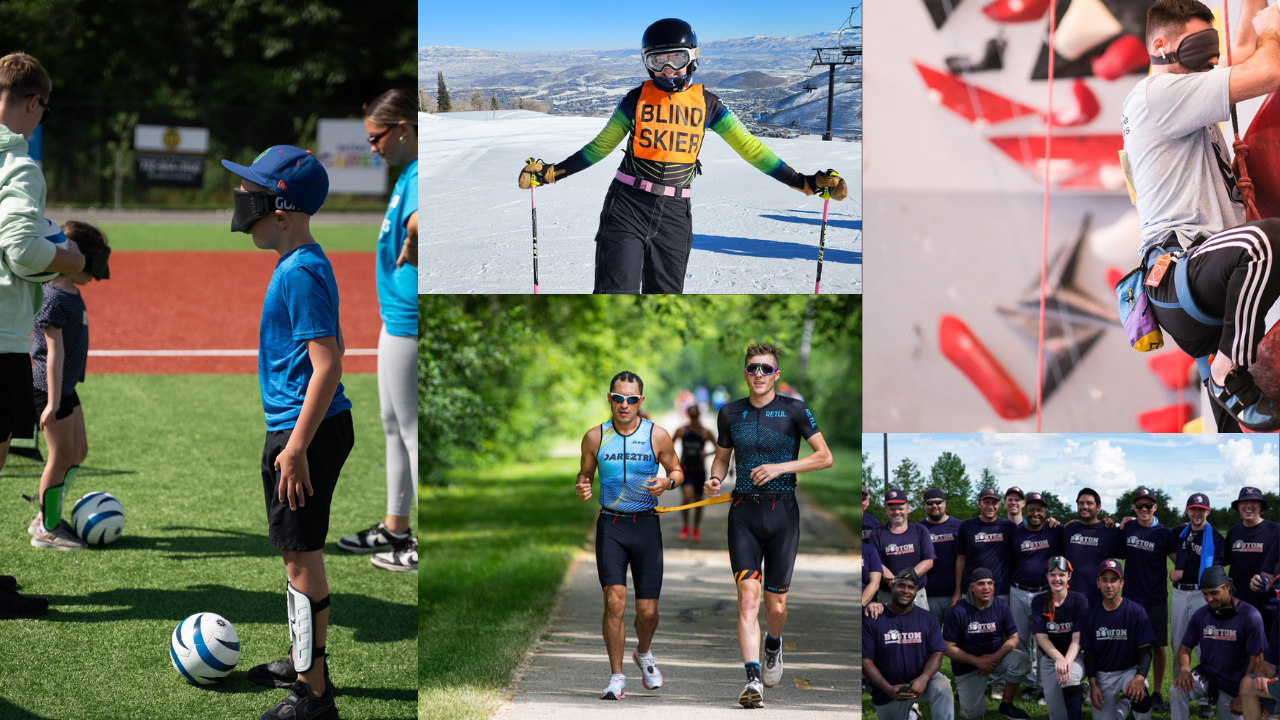 This is a collage of photos of athletes that have been supported by Foreseeable Future Foundation. There is a little boy playing soccer. There is a teenage girl skiing. There is a man running. There is a team photo of a baseball team. And there is a young man rock climbing.